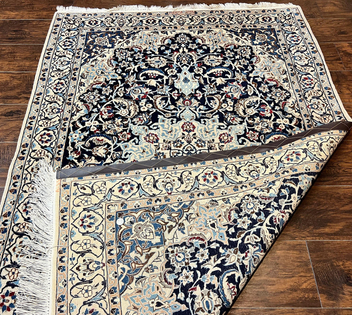 Persian Nain Rug 4x6, Floral, Hand Knotted Vintage Wool & Silk Highlights, Signature from Masterweaver, Navy Blue and Ivory - Jewel Rugs, view 12