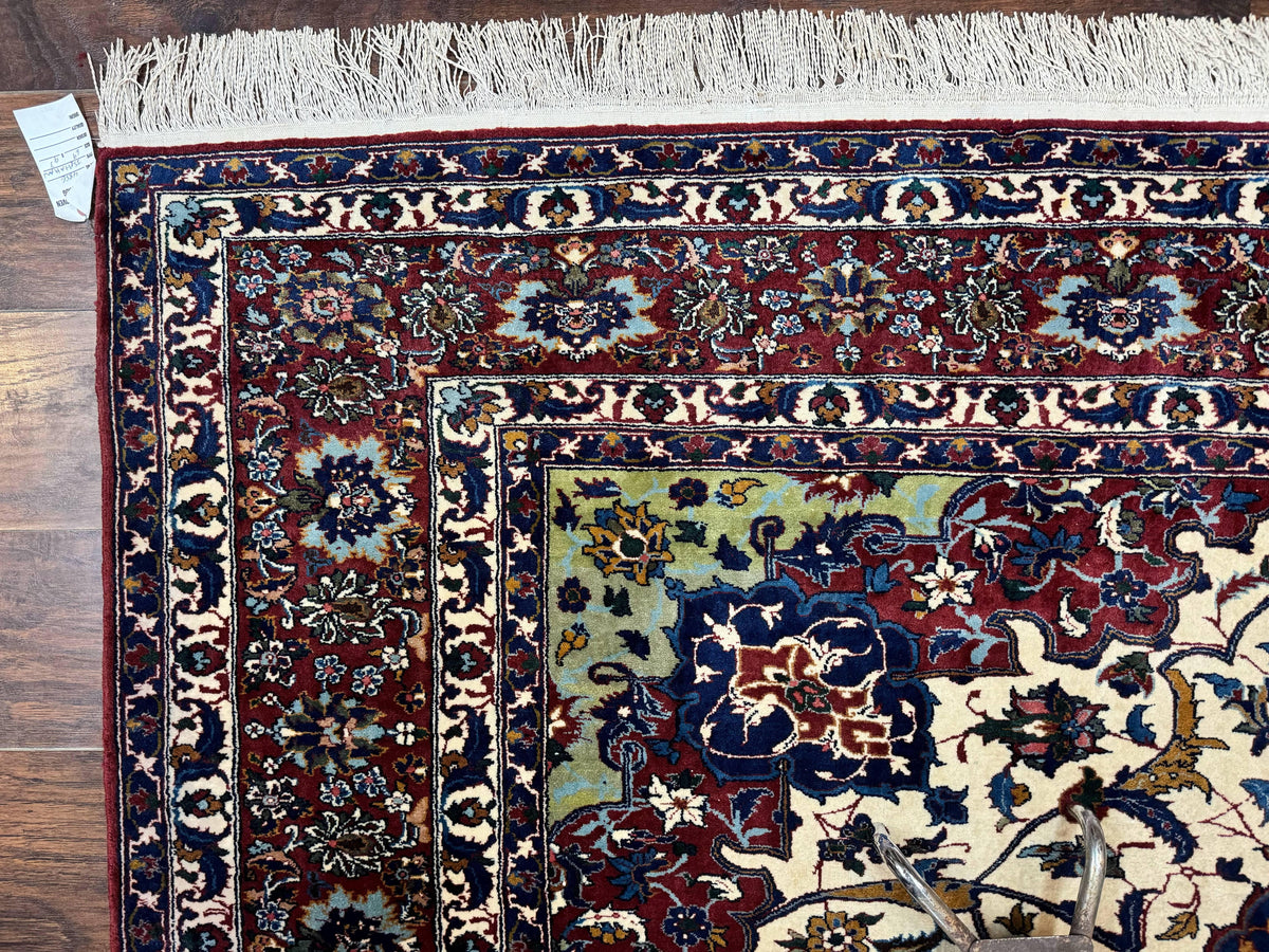 Wonderful Persian Isfahan Rug 7x9, Ivory Navy Blue Red, Floral Medallion, Very Finely Hand Knotted 260 KPSI, Handmade Wool Vintage Rug - Jewel Rugs, view 7