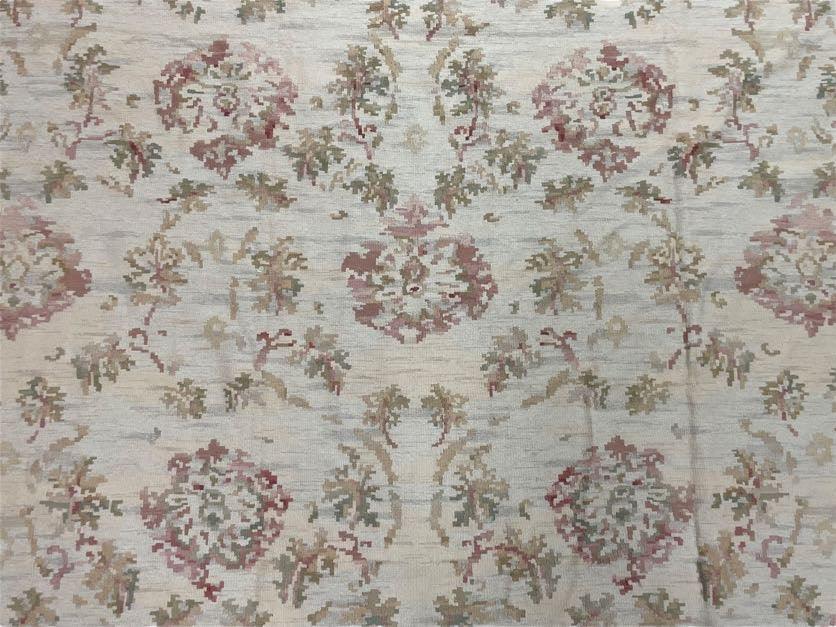9x12 Flatweave Aubusson Needlepoint Rug, New, Beige, Tan, Green, Handmade, Hand-Knotted Area Rug, French European Carpet, Flowers - Jewel Rugs, view 12