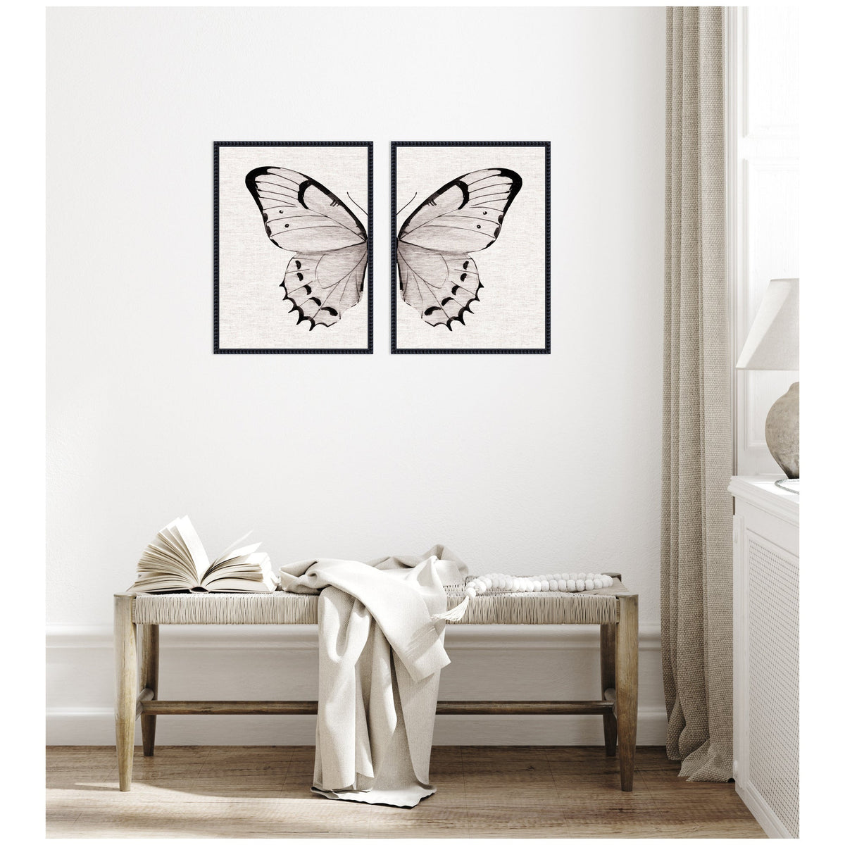 Sylvie Beaded Minimal Butterfly Watercolor Neutral Linen - 2 Piece Framed Canvas Art Set by The Creative Bunch Studio