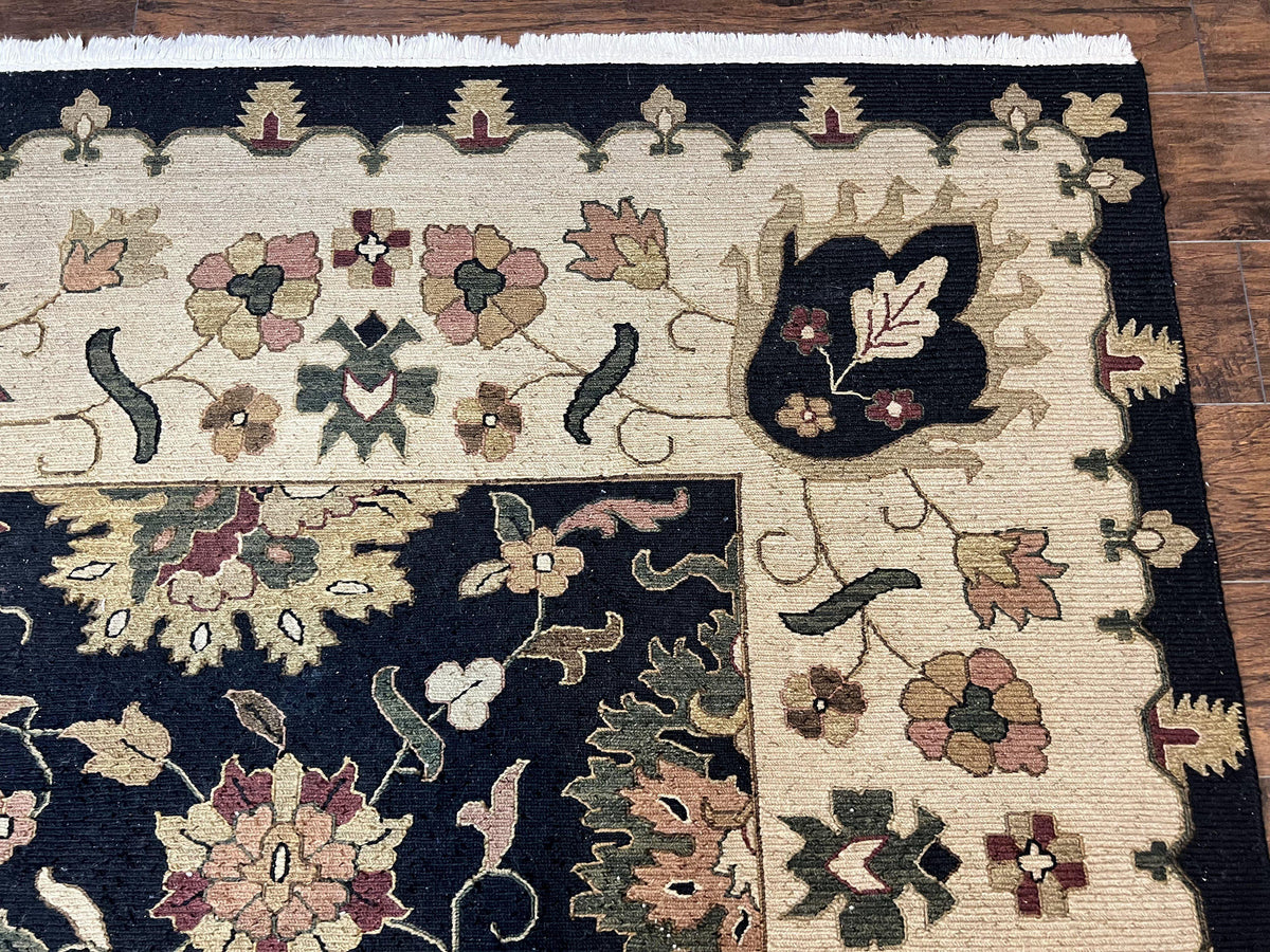 Indo Persian Rug 10x14, Wool Handmade Room Sized Floral Oriental Carpet, Indian Mahal Flatweave Rug, Black Beige - Jewel Rugs, view 8