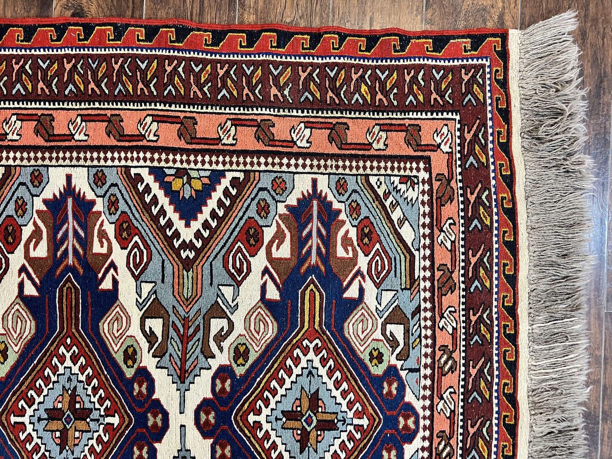 Russian Soumak Rug 6x8, Wool Handmade Antique Kilim Carpet, Multicolor 6 x 8 Geometric Medallions Caucasian Rug, Medium Size - Jewel Rugs, view 8