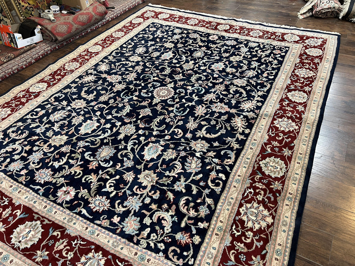 Indo Perisan Rug 9x12, Floral Allover, Midnight Blue and Dark Red Room Sized Carpet 9 x 12 ft, Hand Knotted Wool Vintage Indian Oriental Rug - Jewel Rugs, view 2