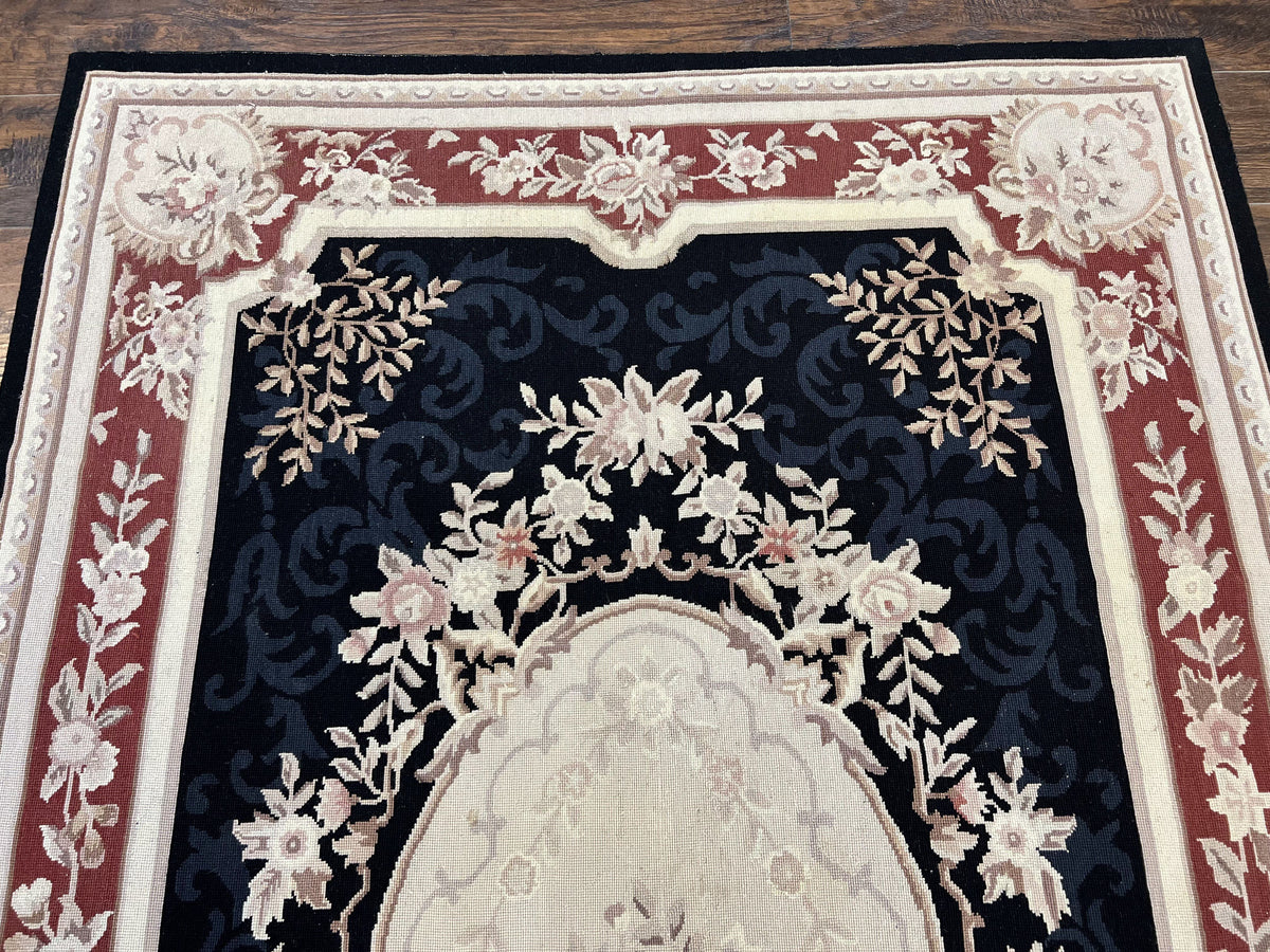 Needlepoint Rug 5x8, Wool Handmade Vintage European Design Carpet, Black & Maroon, French Aubusson Pattern Flatweave Rug - Jewel Rugs, view 4