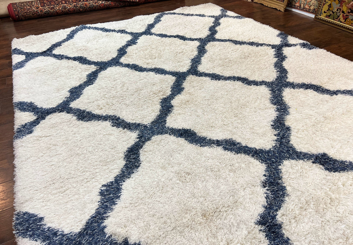 Modern Shag Rug 9x12, Ivory and Dark Blue, Diamond Pattern, Soft, Room Sized, Contemporary Rug, Plush - Jewel Rugs, view 12