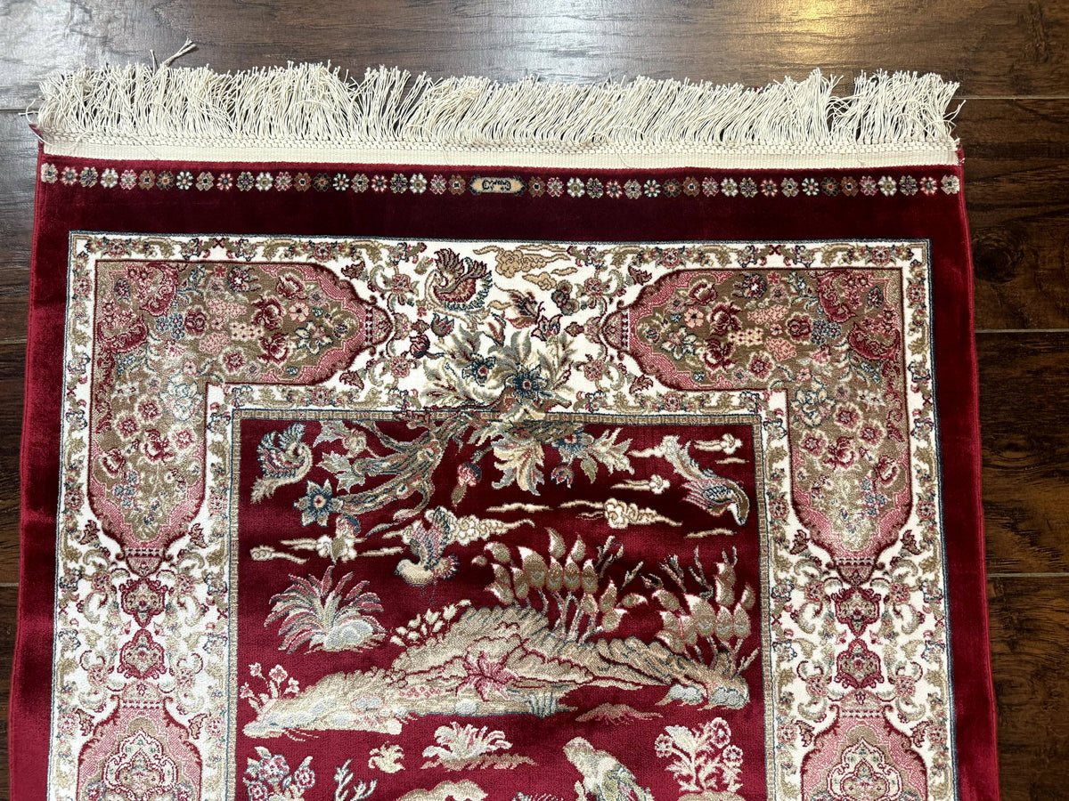 Dark Red Turkish Silk Rug 2.6 x 4, Hunting Design Scene, Bamboo Silk - Jewel Rugs, view 4
