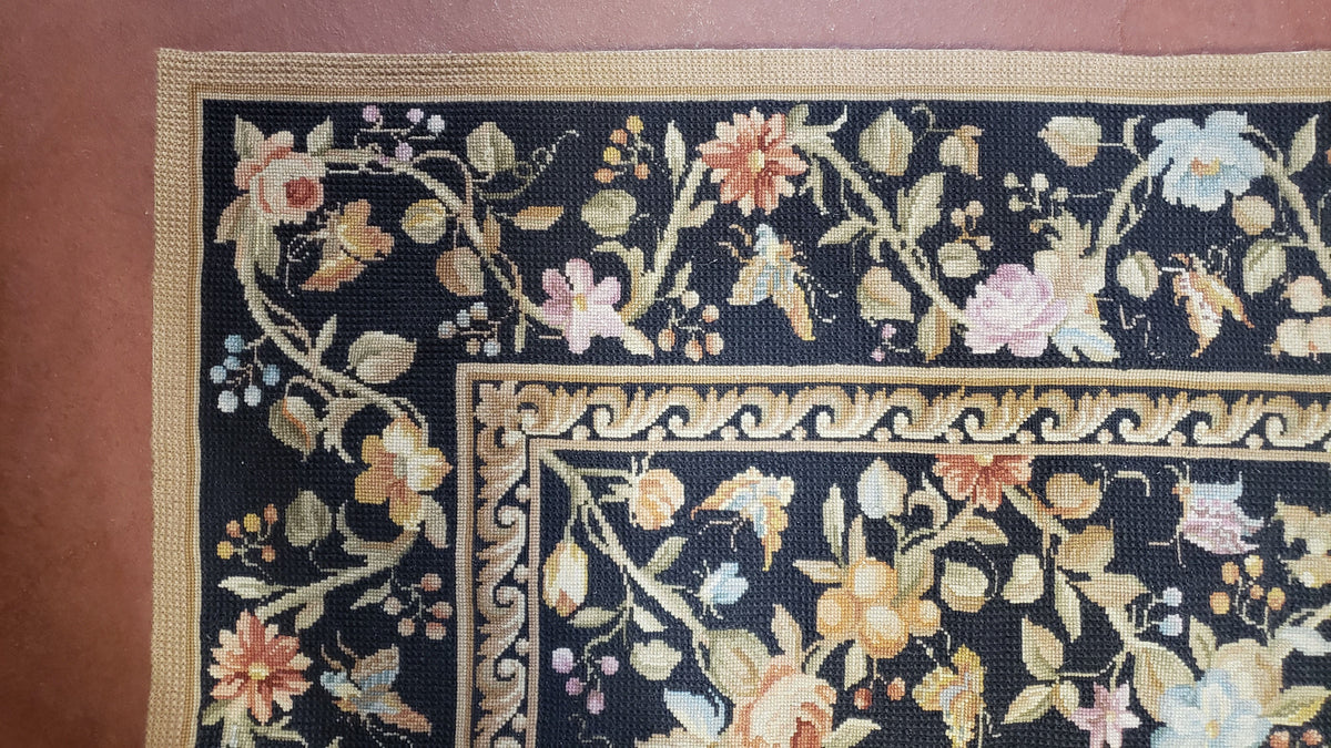 6x9 Vintage Needlepoint Rug, Petitepoint Carpet, Butterflies Floral Design - Jewel Rugs, view 5