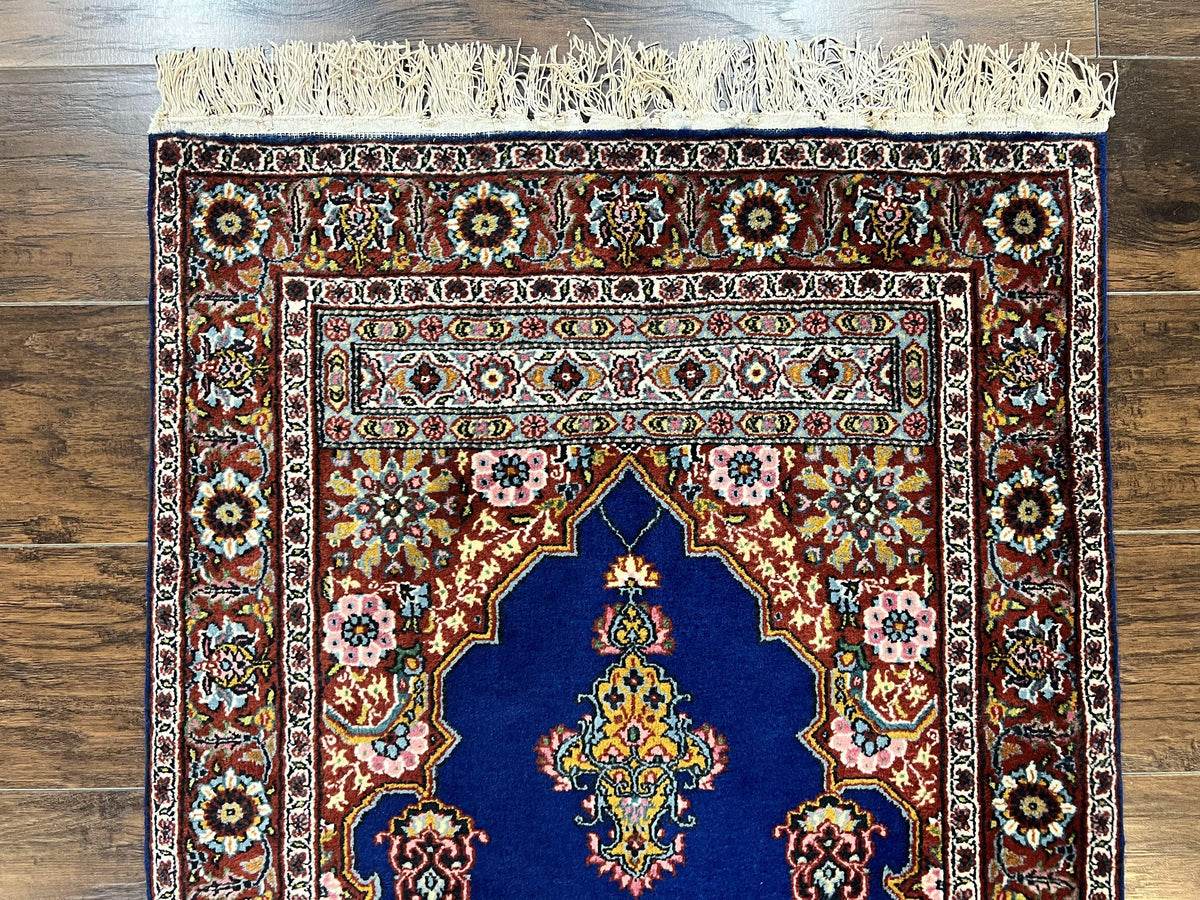 Indo Persian Prayer Rug 3x5, Fine Oriental Carpet, Dark Blue and Red, Vintage Hand Knotted Handmade Prayer Rug - Jewel Rugs, view 3