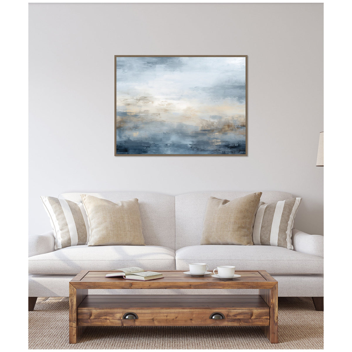Sylvie Tonal Abstract Oceanic Nautical Serenity Blue Horizontal Framed Canvas by The Creative Bunch Studio