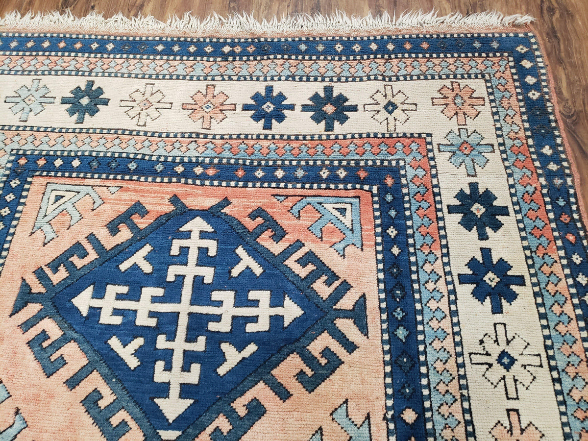 Turkish Kazak Rug 5x8 ft, Bold Geometric Bohemian Carpet, Blue and Ivory Hand Knotted Area Rug, Medium Sized High Quality Wool Oriental Rug - Jewel Rugs, view 8
