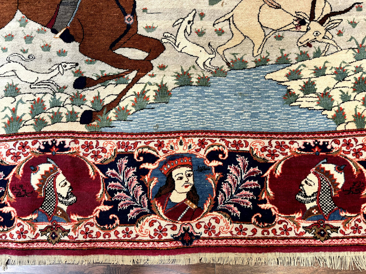 Rare Persian Kashan Pictorial Rug 6x9, King Bahram Hunting Scene, Persian Kings, Hand Knotted Persian Rug for Wall Hanging, Antique, Wool - Jewel Rugs, view 7
