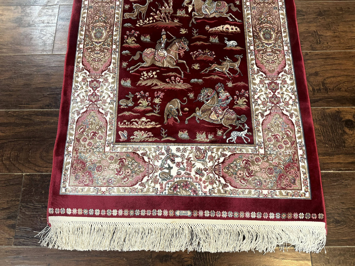 Dark Red Turkish Silk Rug 2.6 x 4, Hunting Design Scene, Bamboo Silk - Jewel Rugs, view 6