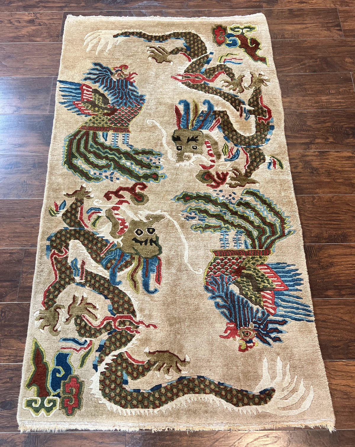 Antique Chinese Peking Rug 3 x 5.6, Dragon Motifs, Handmade Wool Asian Oriental Carpet - Jewel Rugs, view 2