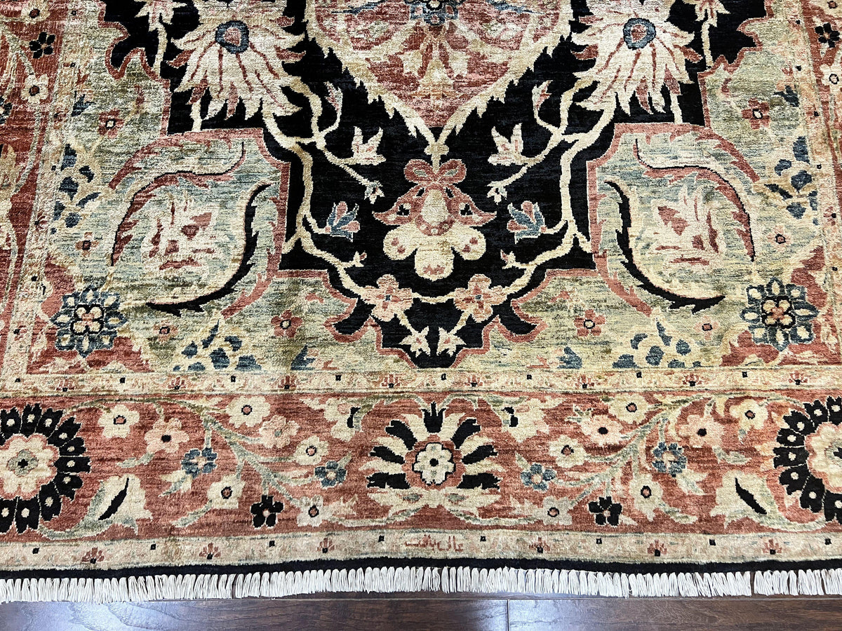 Pak Persian Rug 8x10, Pakistani Mahal Sultanabad Carpet, Signature from Master Weaver, Shiny Wool, Black Red Vintage Handmade Medallion Rug - Jewel Rugs, view 6