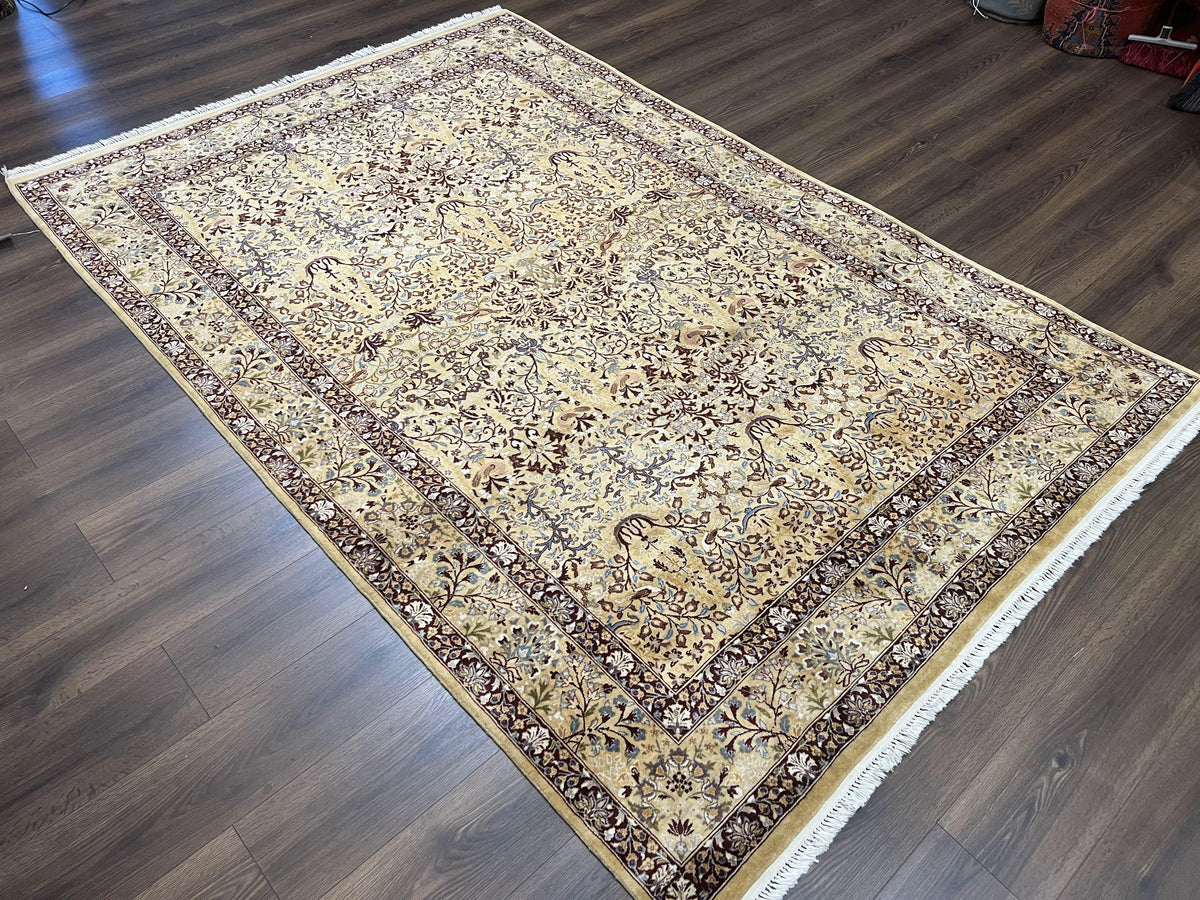 Pretty Indo Persian Rug 6x9, Allover Floral Motif with Birds, Tan/Cream, Very Fine Oriental Carpet, Hand Knotted Vintage Indian Wool Rug - Jewel Rugs, view 2