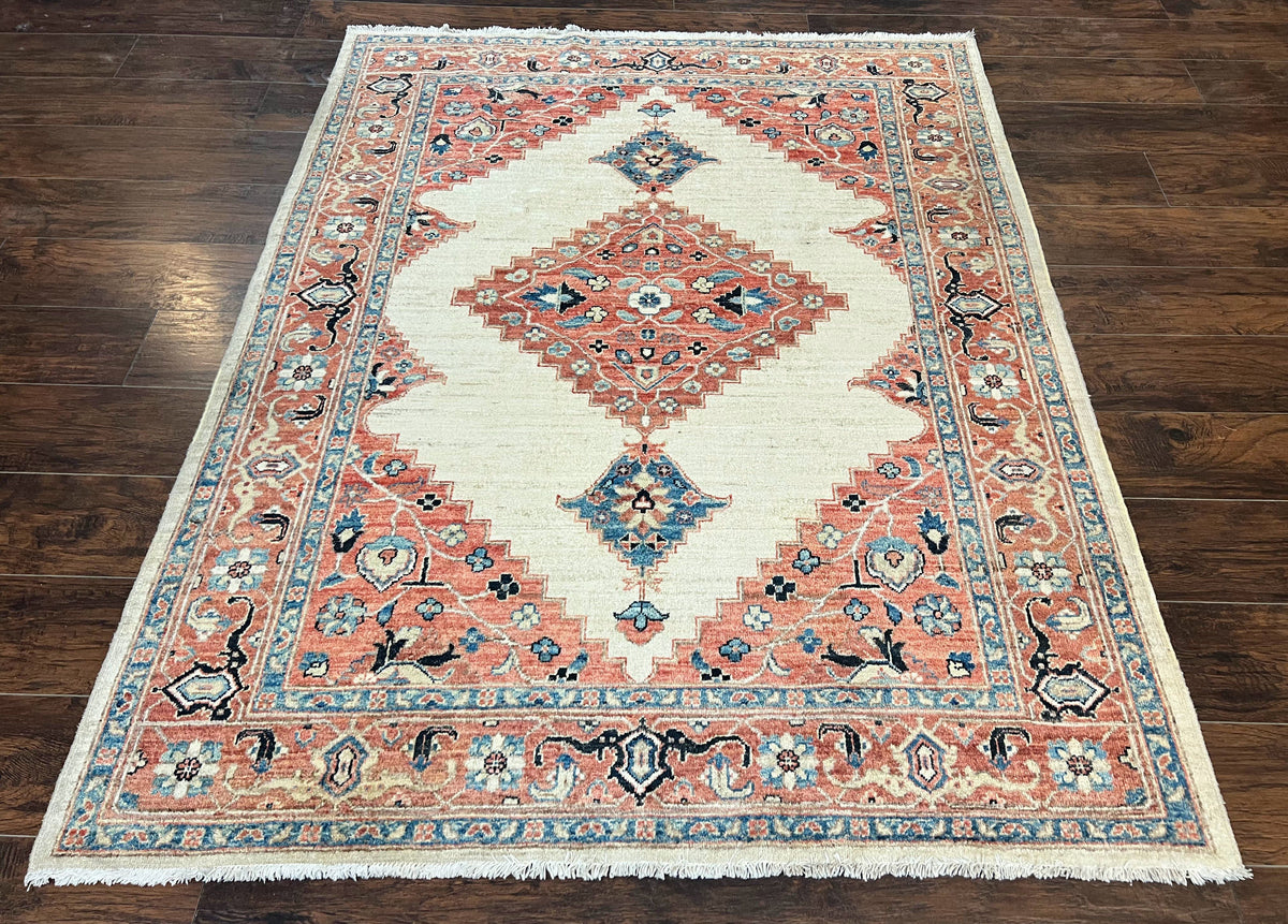 Peshawar Rug 5x7, Wool Hand Knotted Handmade Vintage Carpet, Serapi Design, Pakistani Rug 5 x 7 ft, Medium Sized, Geometric Rug - Jewel Rugs, view 2