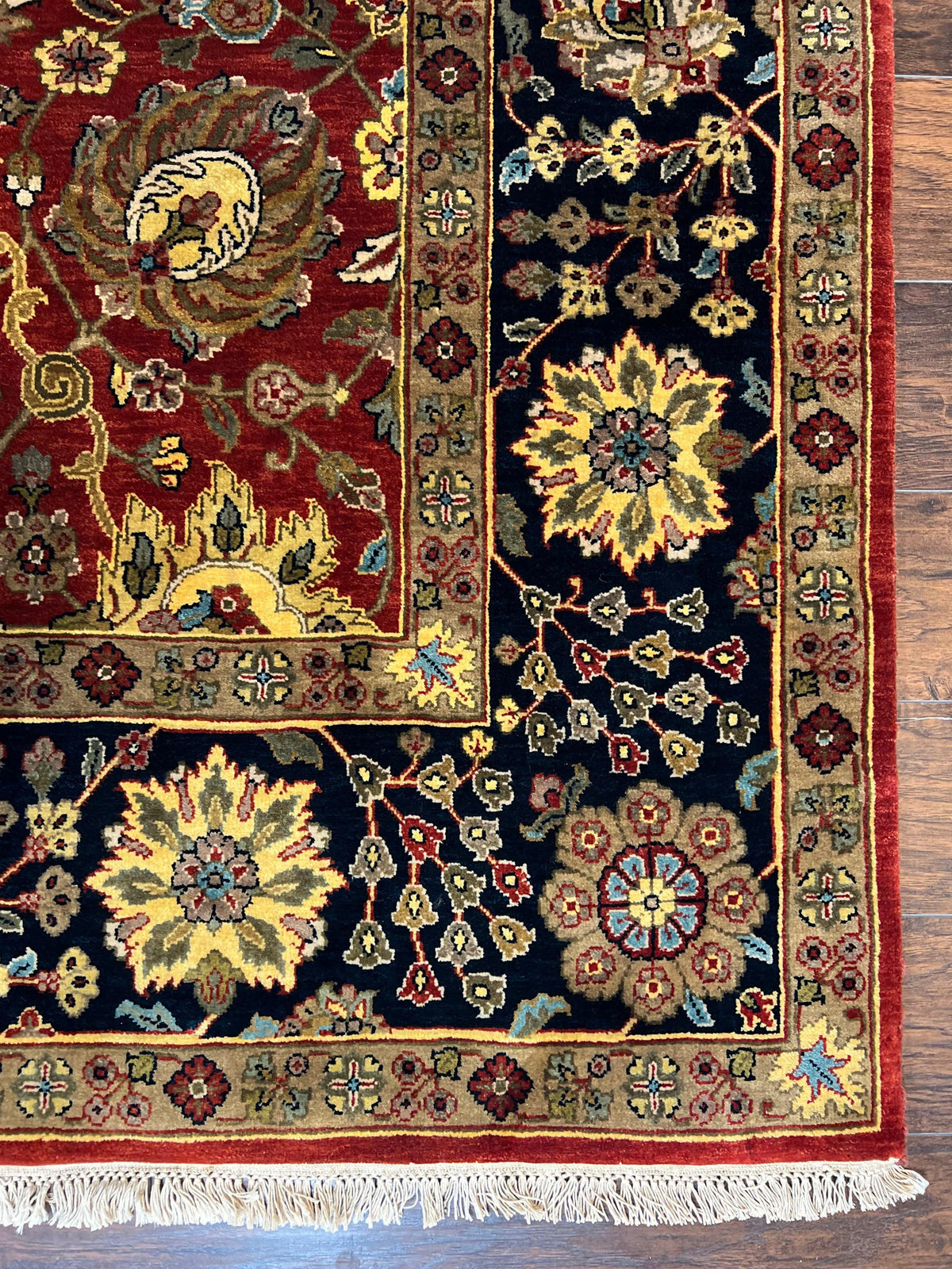 Indo Persian Rug 9x12, Hand Knotted Traditional Indian Wool Oriental Carpet 9 x 12 ft, Maroon and Navy Blue, Floral Allover 9x12 Vintage Rug - Jewel Rugs, view 9