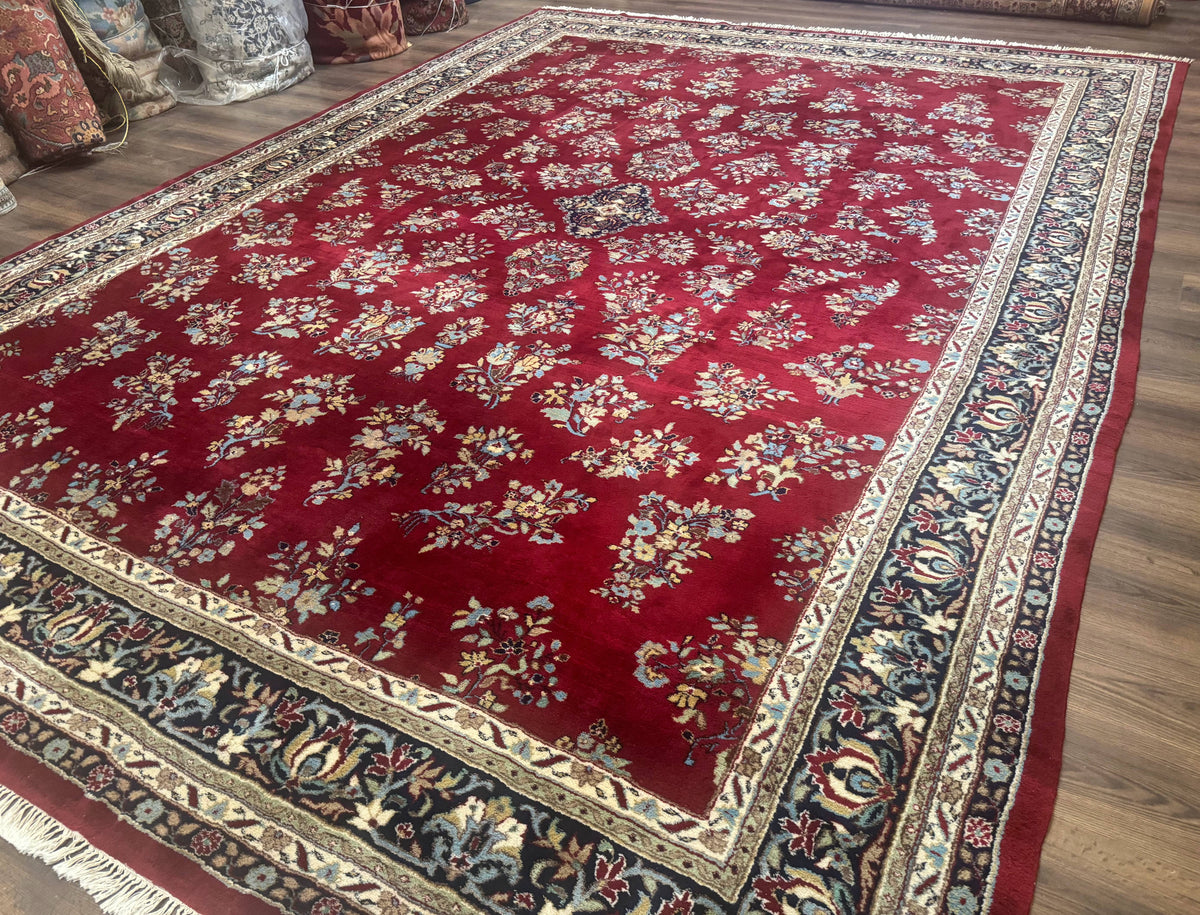 Indo Persian Sarouk Rug 10x14, Large Red and Navy Blue Carpet, Traditional Floral Wool Rug - Jewel Rugs, view 3