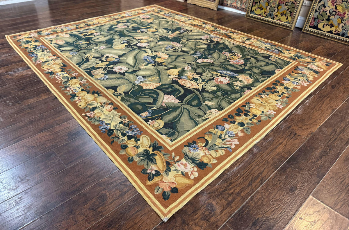 Needlepoint Rug 8x10, Vintage, Handmade, Wool, Green, Leaves & Fruits - Jewel Rugs, view 13