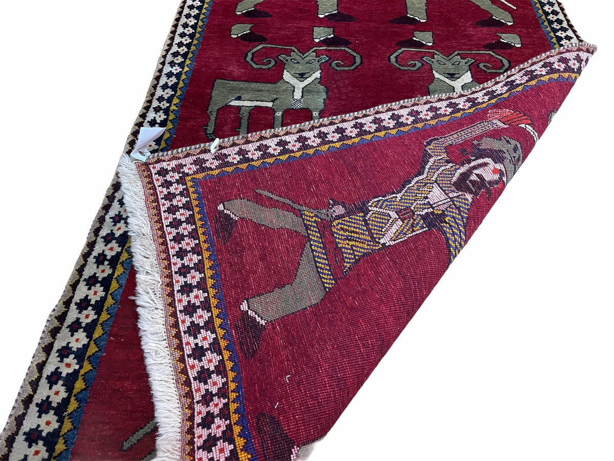 3 X 6 Handmade Wool Rug Tribal Balouch Warriors Deer Animal Pictorial Red Swords - Jewel Rugs, view 11