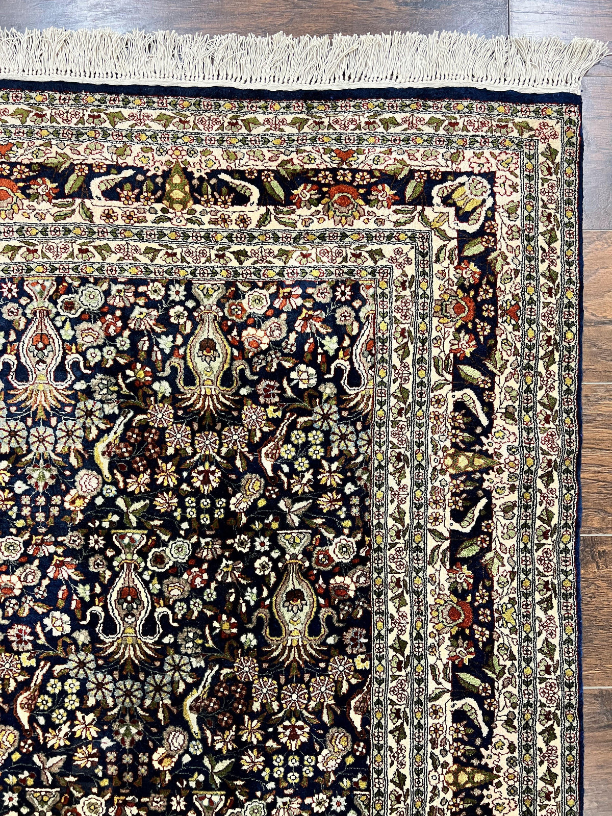 Silk Indian Kashmiri Rug 5x7, Navy Blue Indo Persian Silk Carpet 5 x 7 ft, Hand Knotted Handmade Very Fine Oriental Carpet, 450 KPSI, Birds - Jewel Rugs, view 7