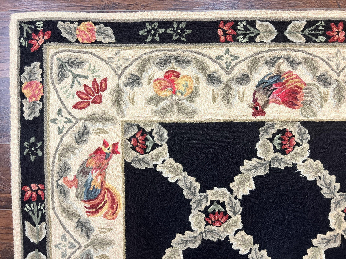 Hooked Rug 5x8, European Aubusson Pattern, Black and Ivory, Roses & Roosters, Vintage Wool Rug - Jewel Rugs, view 7
