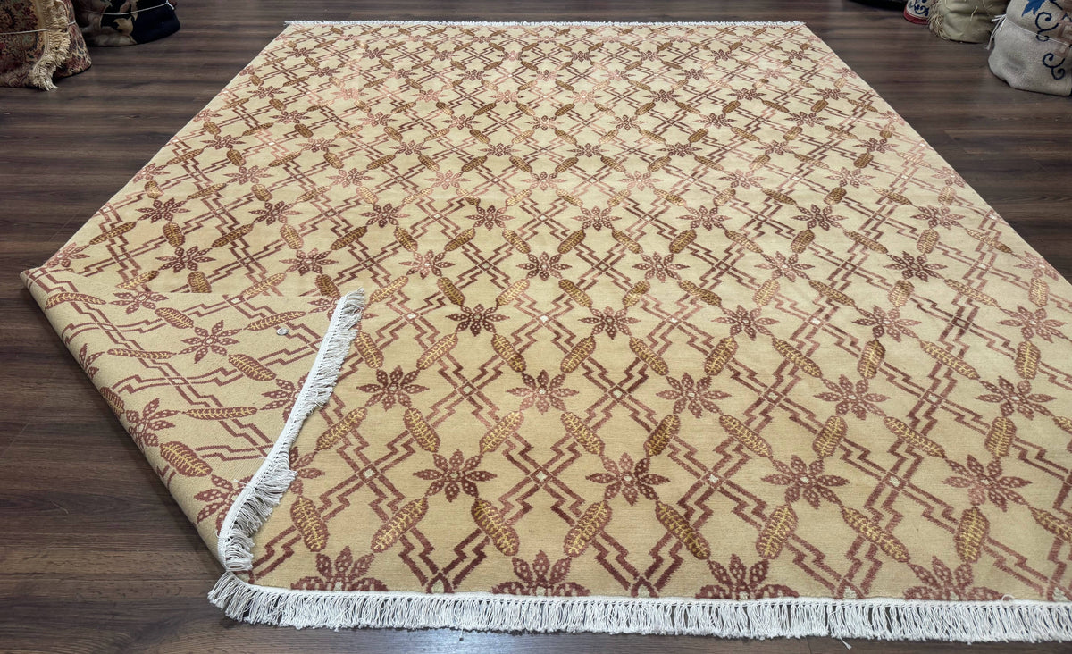 Tibetan Rug 8x10, Wool with Silk Highlights, Beige and Maroon, Contemporary Carpet - Jewel Rugs, view 12
