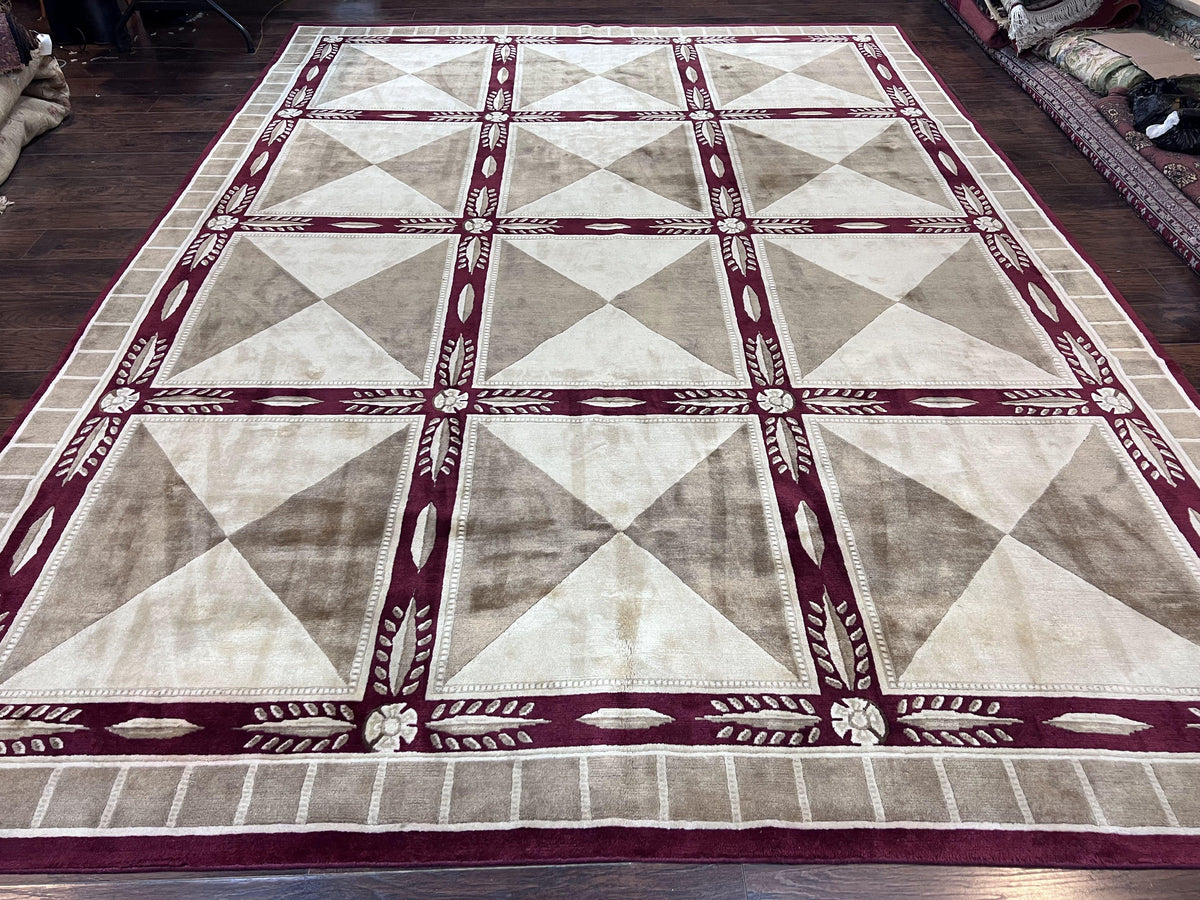 Indo Tibetan Rug 10x14, Nepali Carpet, Large Soft Wool Area Rug, Olive Tan Maroon, Contemporary Rug 10 x 14 ft Living Room Rug, Handmade Rug - Jewel Rugs, view 2