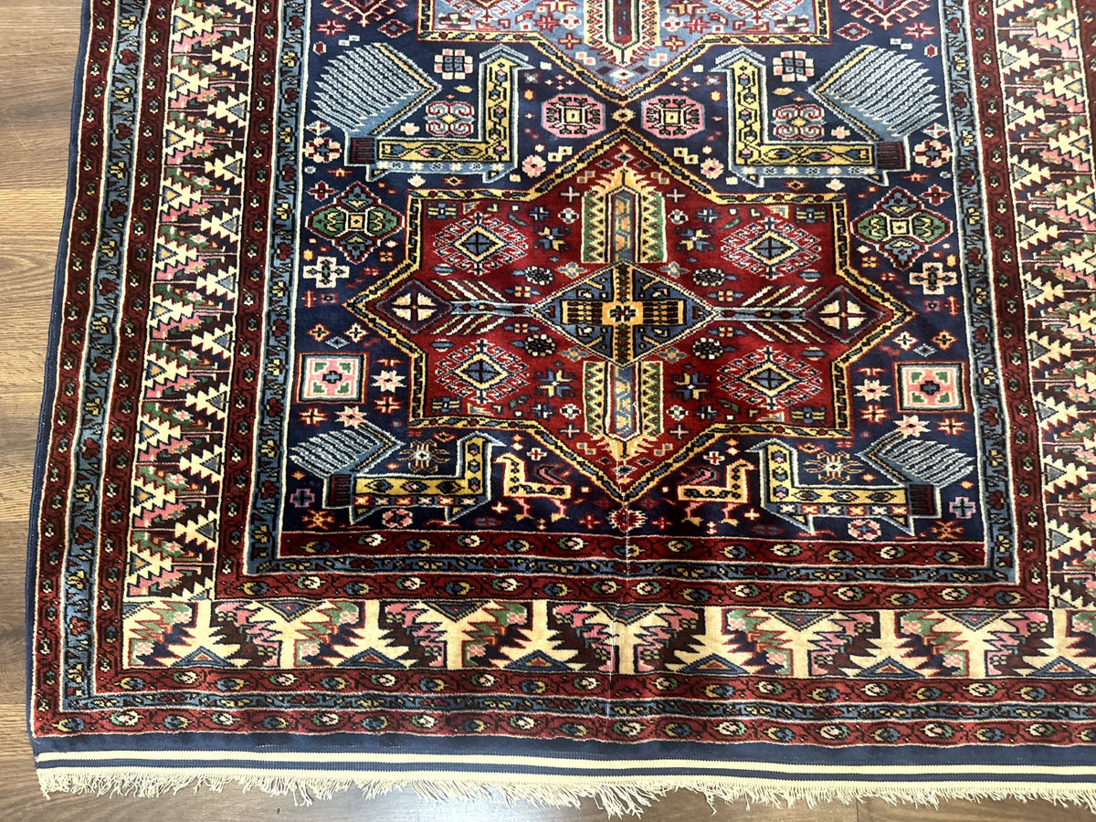 Indian Rug with Caucasian Design, 4x6 Geometric Carpet, Navy Blue and Cream - Jewel Rugs, view 9