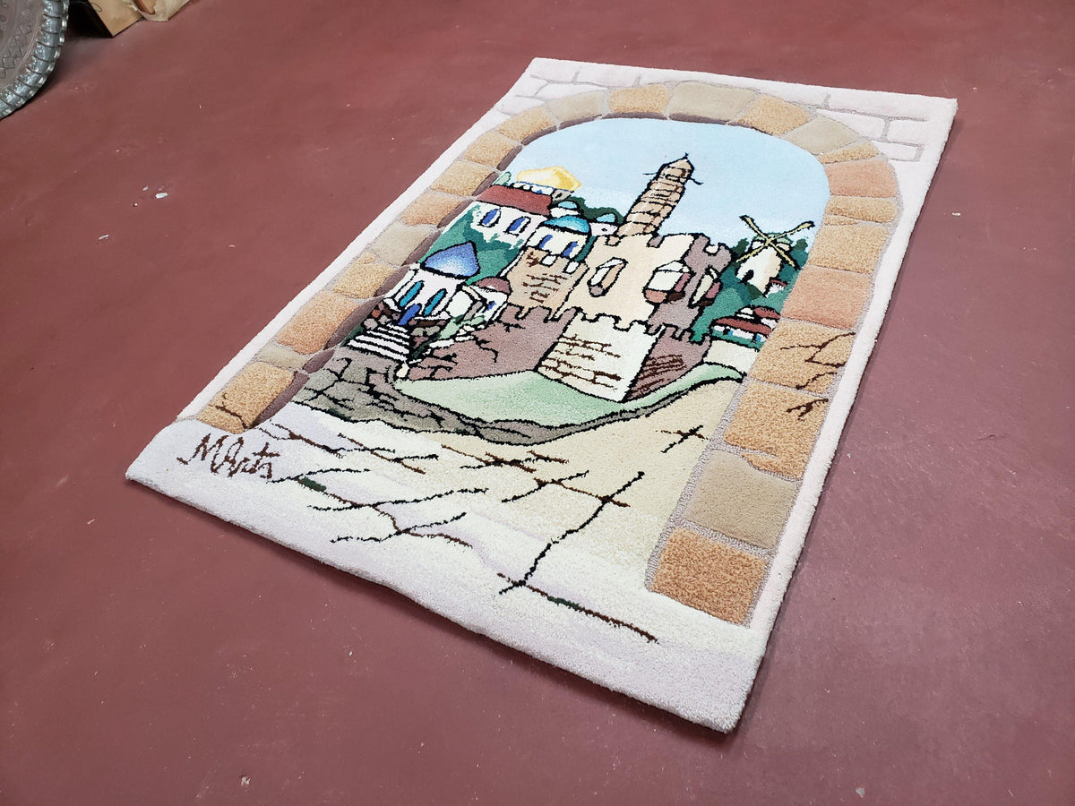 Small Judaica Rug, Rug with Jerusalem Pictorial, Chanuka Gift, Hand-Tufted, Jerusalem Gate, Vintage Judaica, Western Wall Rug, 3x4 Rug - Jewel Rugs, view 5