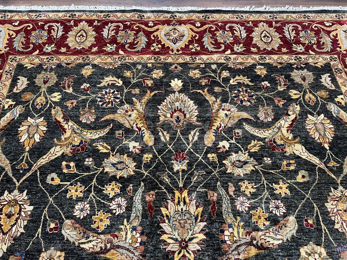 Pak Persian Mahal Rug 9x12, Allover Floral Pakistani Oriental Carpet 9 x 12, Wool Hand Knotted Area Rug, Dark Slate Gray-Black and Maroon - Jewel Rugs, view 4