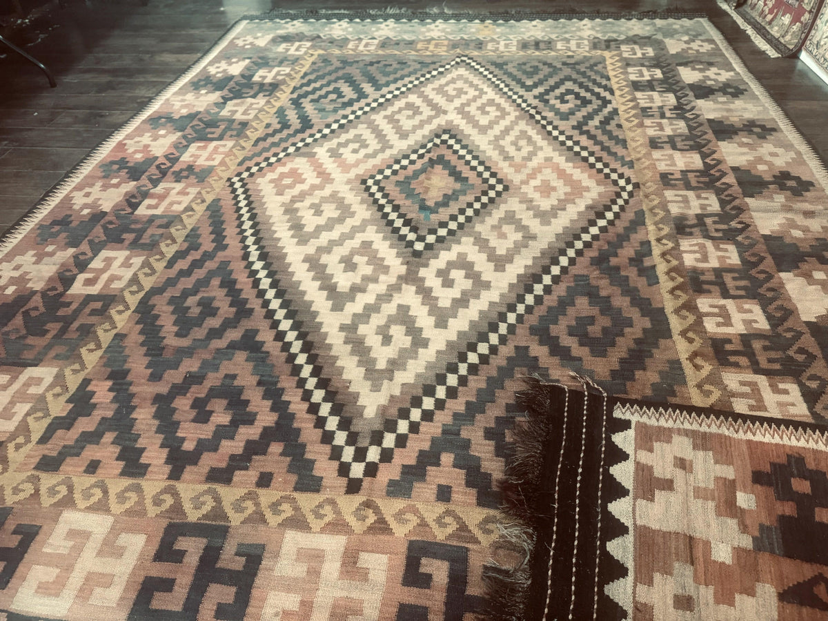 Antique Persian Tribal Kilim Rug 9x12, Zig Zag Pattern Kilim, Zarand Rug, Wool, Earth Tone Colors - Jewel Rugs, view 12