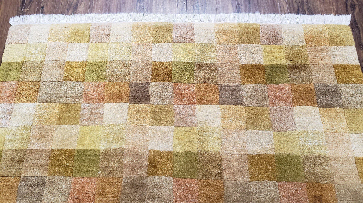 4x6 Tibetan Rug, Modern Abstract Handmade Area Rug, Checkerboard Pattern, Neutral Ivory Gold Tan Colors, Soft Pile, Mid Sized Rug, Nepali - Jewel Rugs, view 4