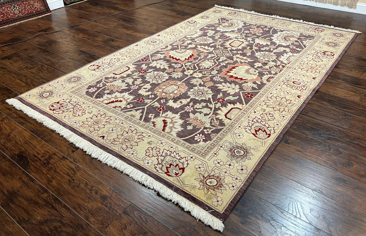 Vintage Indo Mahal Area Rug 6x9, Indian Persian Oriental Carpet 6 x 9, Puce Eggplant Tan Beige Rug, Hand-Knotted, Large Floral Design Wool - Jewel Rugs, view 3