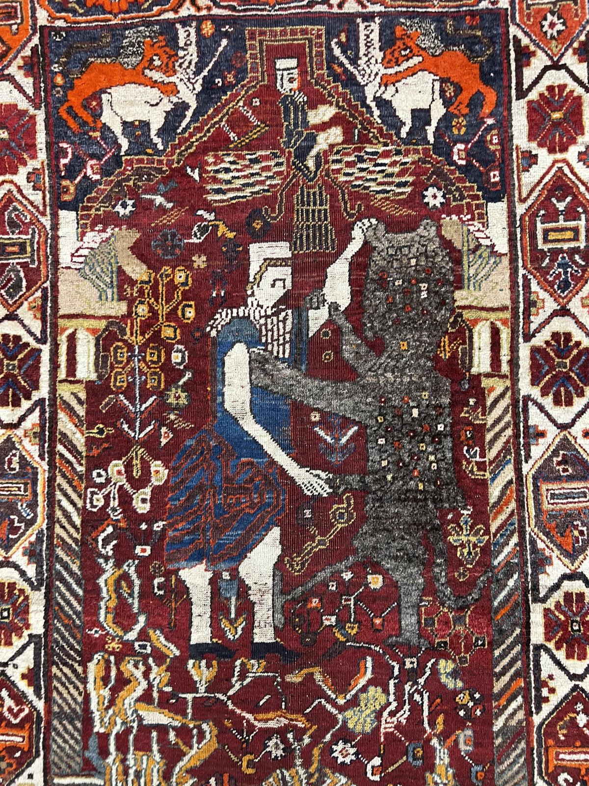 Antique Persian Shiraz Pictorial Rug 3.6 x 5, Persian Tribal Rug, Handmade, Lions, Highly Unique Collectible Small Persian Carpet, Maroon, Wool - Jewel Rugs, view 5