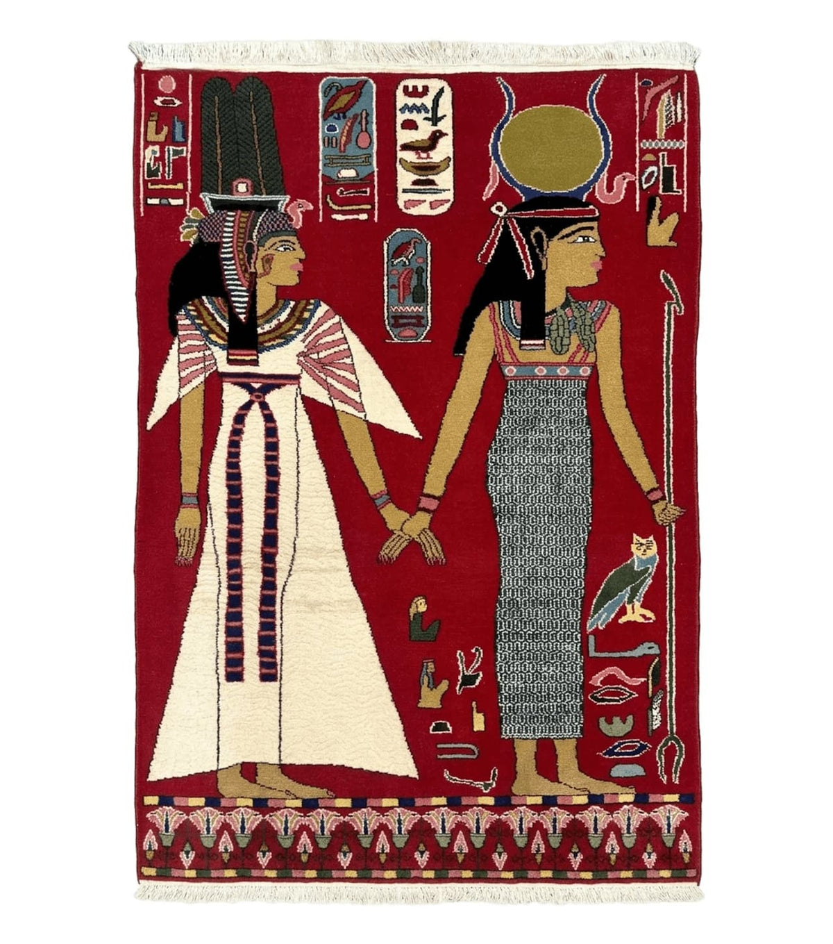 Egyptian Pictorial Rug 3x4, Hieroglyphic Pictorial Rug, Egyptian Prince and Princess, Cleopatra, Vintage Handmade, Red - Jewel Rugs