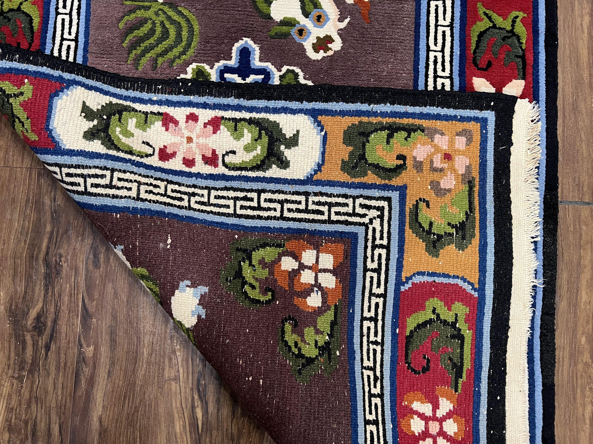 Chinese Art Deco Rug 3 x 5.5 with Animal Pictorials, Vintage Chinese Peking Wool Area Rug, Dark Puce Maroon Ivory, Hand Knotted Soft Carpet - Jewel Rugs, view 11