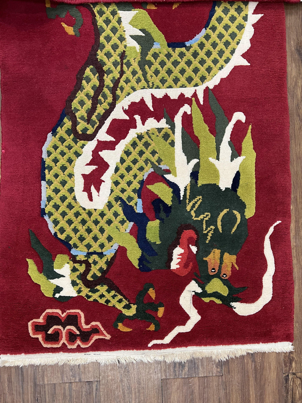 Vintage Chinese Dragon Rug 3 x 6.8, Handmade Hand Knotted Red Chinese Carpet with Gold Dragon, Art Deco Peking Soft Chinese Rug Runner - Jewel Rugs, view 10