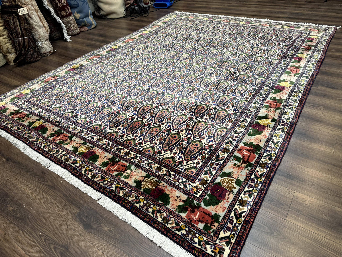 Persian Kurdish Rug 8x11, Repeated Allover Boteh Paisley Design, Bird Pictorials, Rare Antique Sannadaji Carpet - Jewel Rugs, view 3