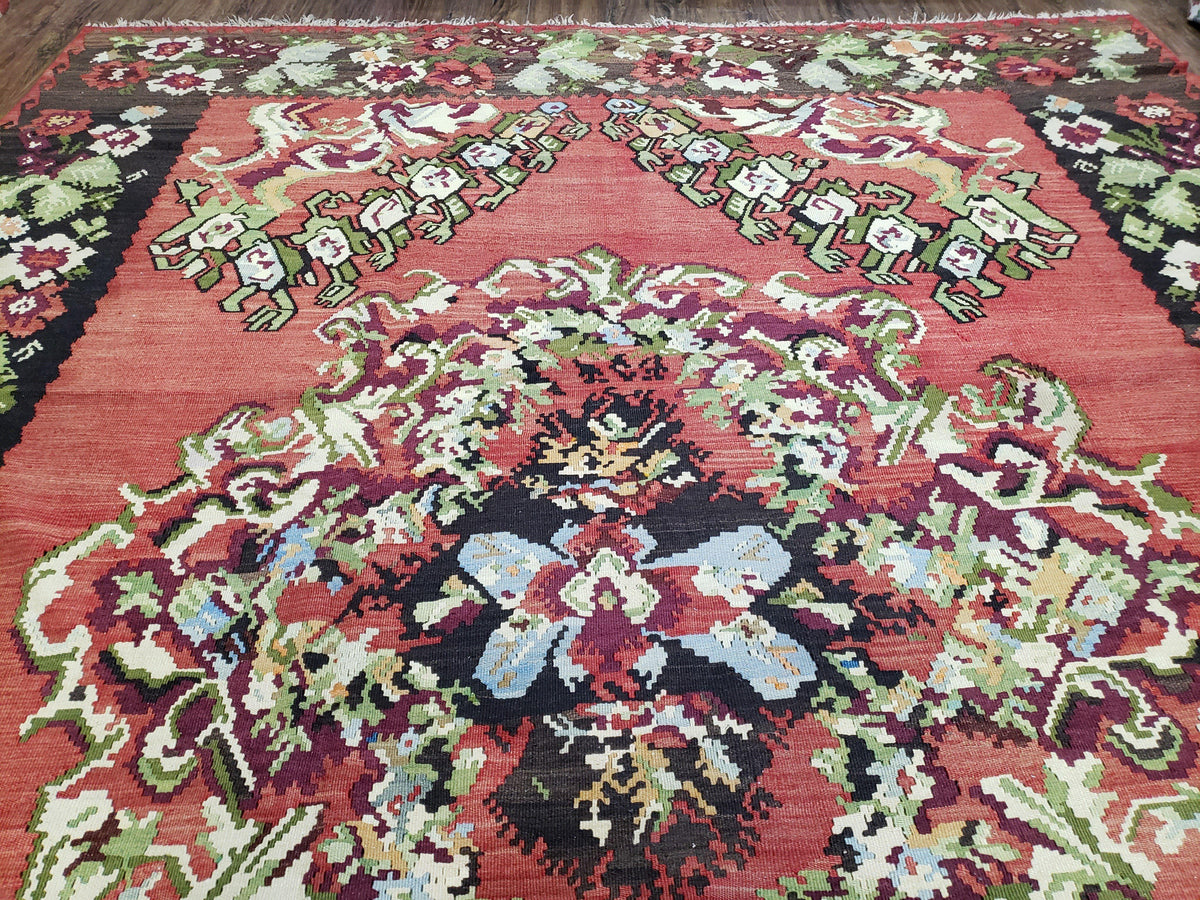 Karabakh Rug 8x11, Caucasian Kilim Rug, Vintage Antique Turkish Anatolian Azerbaijani Carpet, Wool Red & Black Hand-Woven 8 x 11 Living Room - Jewel Rugs, view 5
