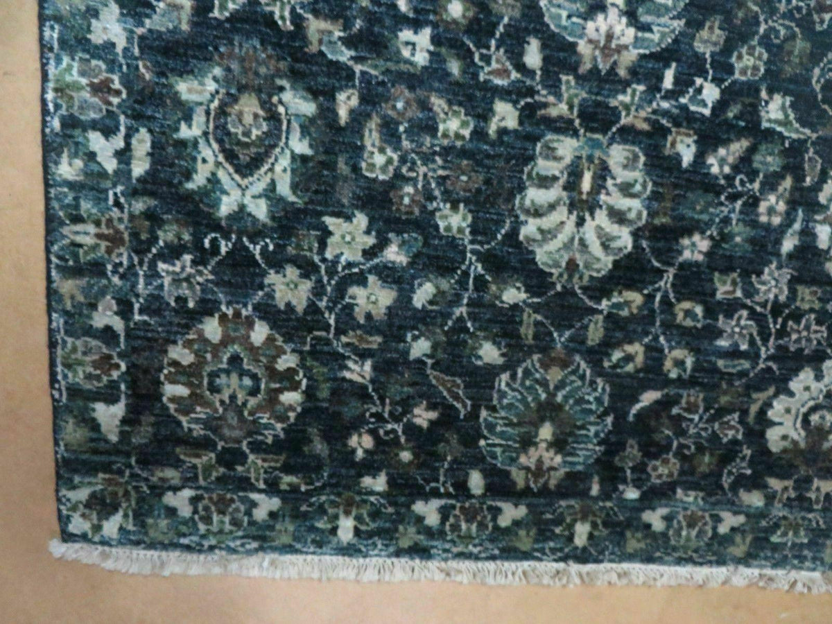 5' 6" X 8' Vintage Handmade Pakistani Floral Oriental Wool Rug Black Dark Grey - Jewel Rugs, view 7