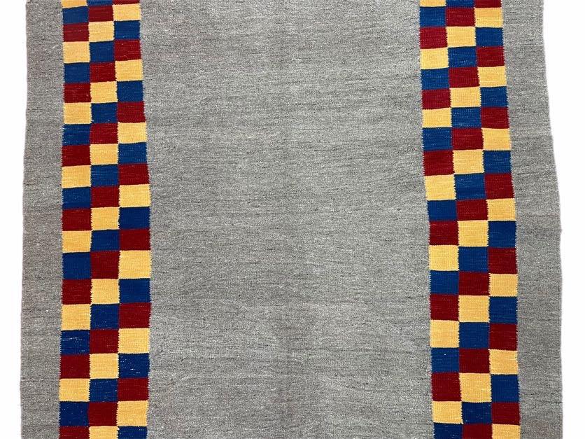 Gray Kilim Carpet, Yellow, Red, Blue Checkerboard Pattern, Flatweave, New, Geometric, Hand-Knotted, Wool, Turkish Area Rug, 5' 9" x 7' 9" - Jewel Rugs, view 5