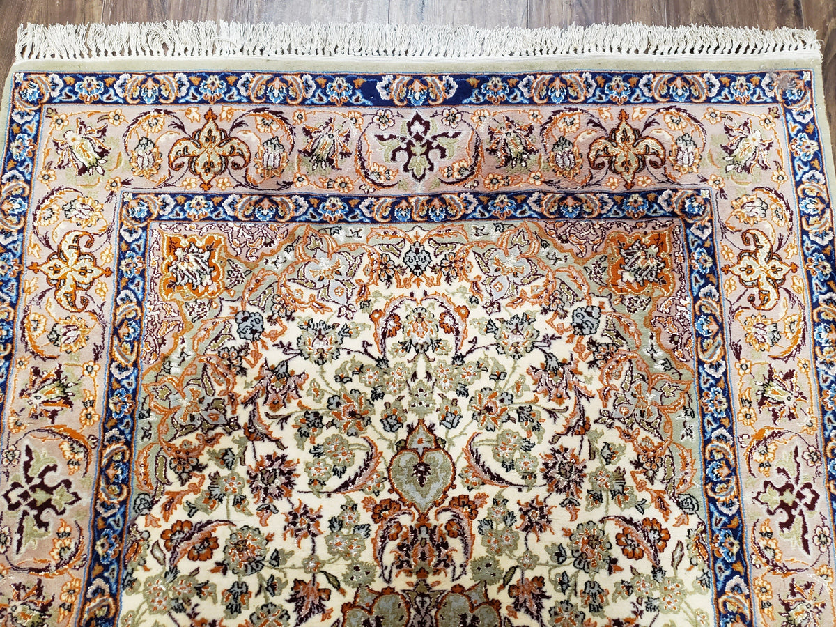 Vintage Persian Isfahan Lachak Toranj Rug, Highly Detailed, Kork Wool on Silk Foundation, Beige and Dark Blue, Hand-Knotted, 3'6" x 5' 4" - Jewel Rugs, view 4