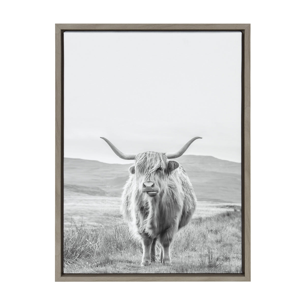 Sylvie Highland Cow Mountain Landscape Black and White Framed Canvas by The Creative Bunch Studio
