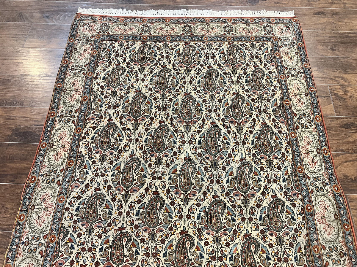 Persian Qum Rug 5x6, Cream Wool Hand Knotted Carpet, Repeated Boteh Paisely Design, Semi Antique Vintage Rug, Very Fine Weave 5 x 6 Rug - Jewel Rugs, view 3