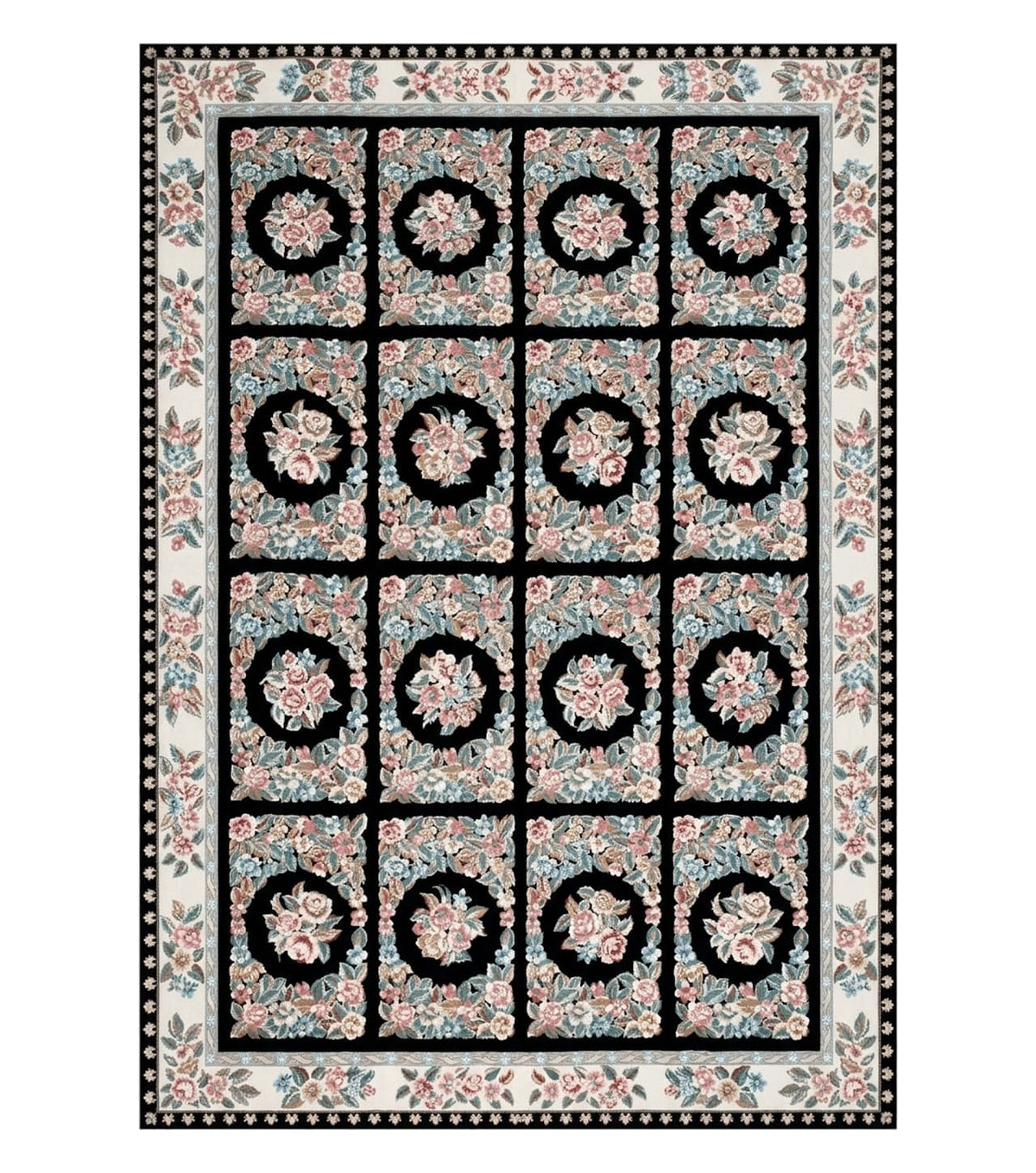 Floral Needlepoint Rug 9.5 x 13.6, Floral Panel Design, Black and Ivory Flatweave Aubusson Carpet, Multicolor - Jewel Rugs
