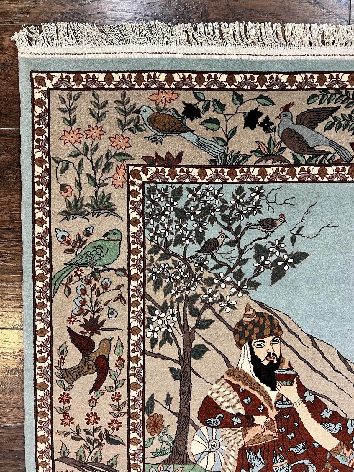 Indo Persian Pictorial Rug 4x7, Handmade Hand Knotted Wool Semi Antique Horizontal Carpet, Men & Women Drinking, Fine Rug, Bird Pictorials - Jewel Rugs, view 6