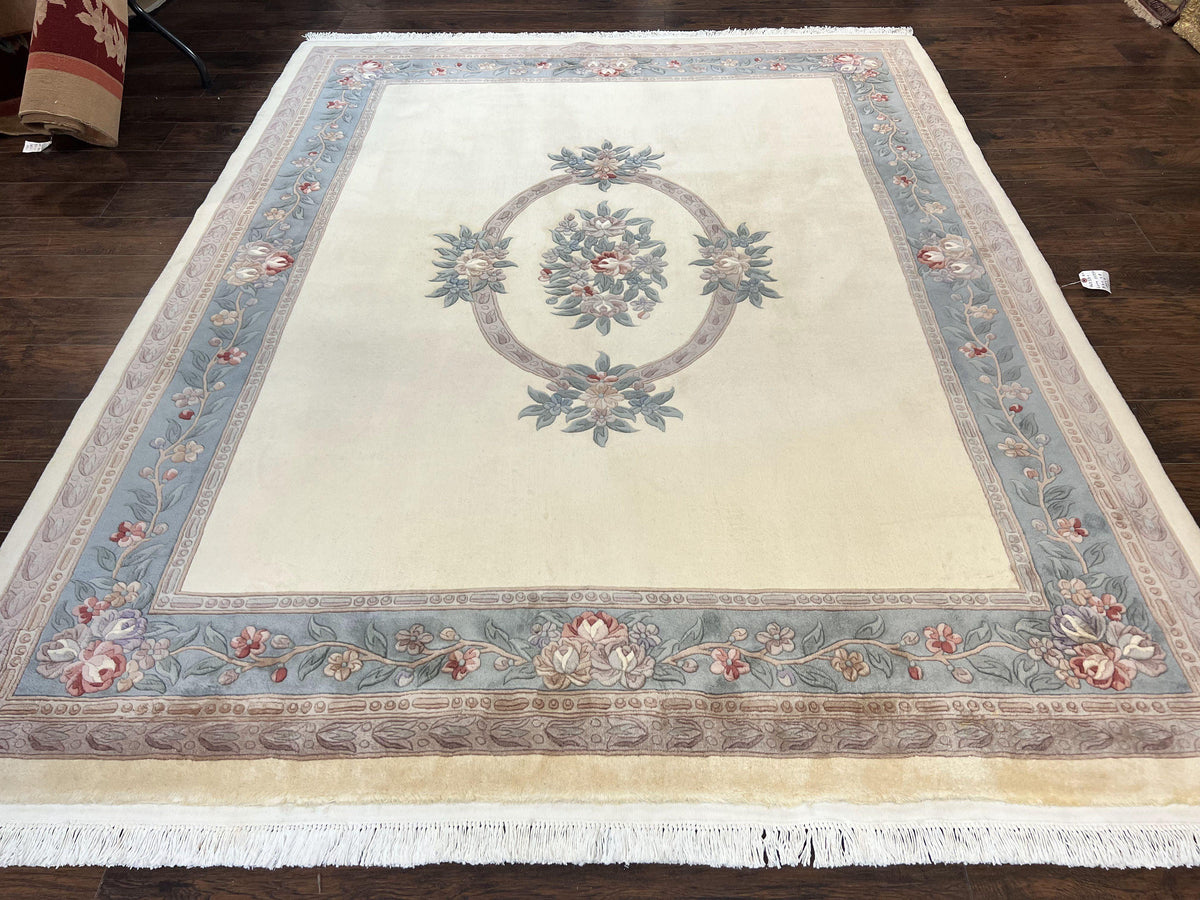 Chinese Carving Rug 8x10, Chinese Wool Carpet 8 x 10, Cream, 120 Line Rug, Vintage Handmade Art Deco Asian Oriental Rug, Aubusson Rug - Jewel Rugs, view 12