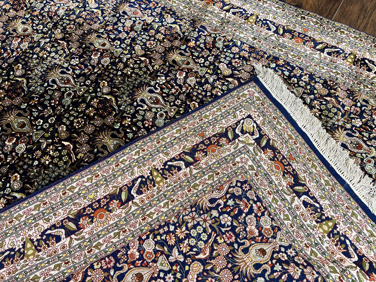 Silk Indian Kashmiri Rug 5x7, Navy Blue Indo Persian Silk Carpet 5 x 7 ft, Hand Knotted Handmade Very Fine Oriental Carpet, 450 KPSI, Birds - Jewel Rugs, view 11