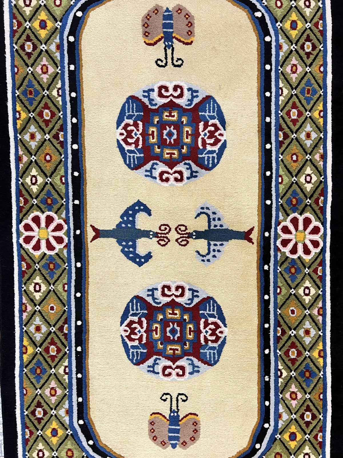Chinese Rug 3x6 ft, Chinese Wool Rug, Tiensin Rug, Handmade Wool 3 x 6 Vintage Peking Rug, Art Deco Rug, Butterflies - Jewel Rugs, view 4